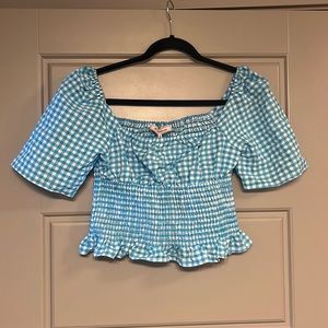BCBGeneration frilly blue and white check top